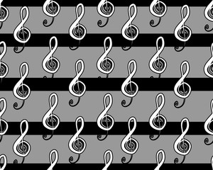 Treble clef black and white seamless background pattern. Hand drawn vector stock illustration