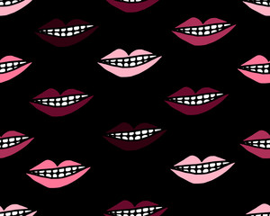 Retro woman mouth with red lipstick seamless pattern. Lip background of girl expressing emotions, kiss, smile and more. EPS10 vector.