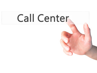 Call Center - Hand pressing a button on blurred background concept on visual screen.