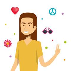 Hippie man with related objects over white background. Vector illustration.