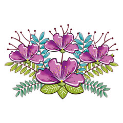 Purple flowers with branches and green leaves over white background. Vector illustration.