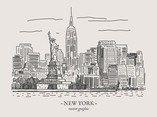 New York city retro vintage vector illustration on gray backgtound - obrazy, fototapety, plakaty