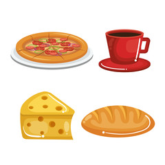 Pizza, coffee, cheese and bread loaf over white background. Vector illustration.