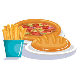 Pizza, french fries and bread over white background. Vector illustration.