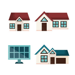 Set of houses and solar panel over white background. Vector illustration.