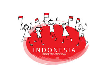 Fototapeta premium Hand drawing boy and girl holding flag. Independence day of Indonesia.
