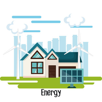 Eco friendly house with  wind turbines and solar panel over white background with city skyline. Vector illustration.