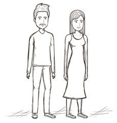 Hand drawn uncolored standing people over white background. Vector illustration.