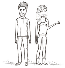 Hand drawn uncolored standing people over white background. Vector illustration.