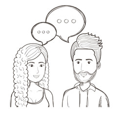 Hand drawn uncolored talking people over white background. Vector illustration.