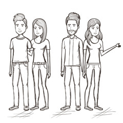 Hand drawn uncolored standing couples over white background. Vector illustration.