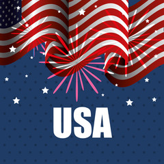 Waving american flag with fireworks and USA  sign over blue starry, background.  Vector illustration.