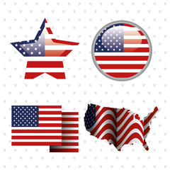 Obraz premium Objects with american flag over white starry background. Vector illustration.