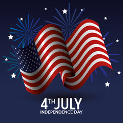 Waving american flag with fireworks and 4th july sign over blue background. Vector illustration.
