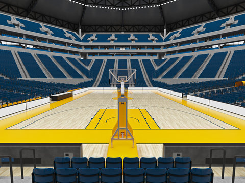 Beautiful modern sport arena for basketball with floodlights blue chairs and VIP boxes  for twenty thousand people