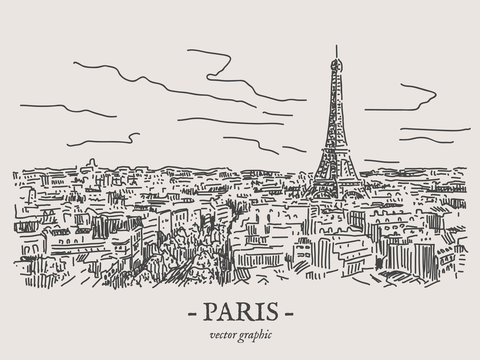 Paris city retro vintage vector drawing on gray backgtound