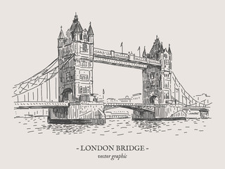 London Tower bridge retro vector drawing on grey background
