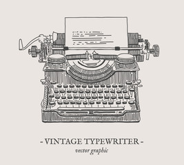 Retro typewriter vector drawing on grey background