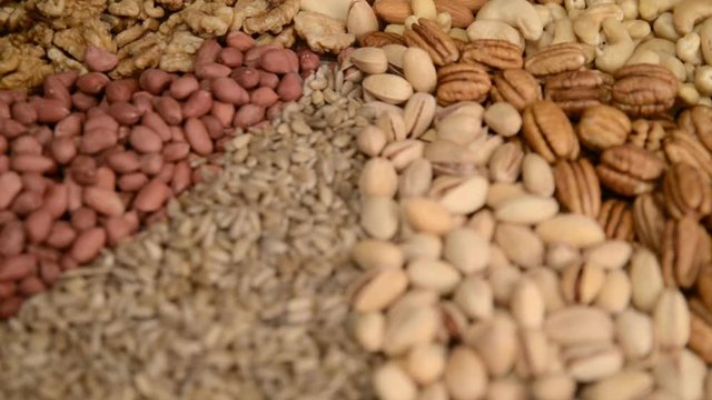 Nuts mix in a canvas bag in table.