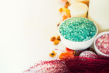 salt spa objects on textile background, wellness and relaxation concept