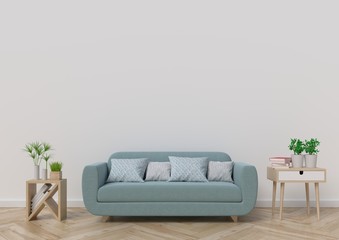 Living-room with sofa, plants and plaid on empty white wall background. 3D rendering