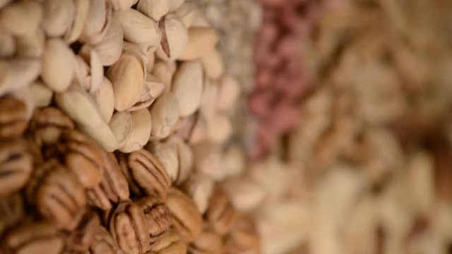 Nuts mix in a canvas bag in table.