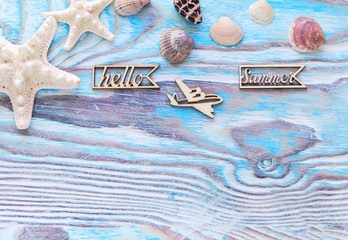 Summer sea background - shells, star on a wooden blue background with copy space