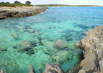 Menorca Son Saura. Bellavista beach. Turquoise and green colors at Balearic islands