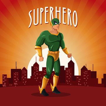 superhero costume comic standing with sunset city background vector illustration