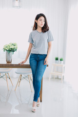 portrait of beautiful asian girl with beautiful clothing T-shirts and jeans.