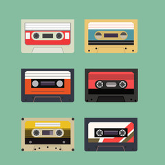 Classic Retro Audio Tape Cassette Set. Vintage Isolated Flat Style Icon.