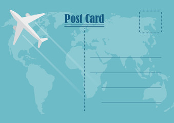 Summer postcard. Vector airplane fly on the world