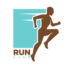 Fototapeta na wymiar Run club logotype design with running man silhouette. Human athlete