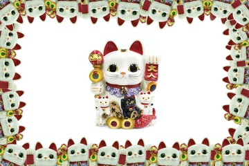 Lucky cat frame for your design (Maneki Neko) on white background with copy space. 
Common Japanese sculpture bring good luck to the owner. 