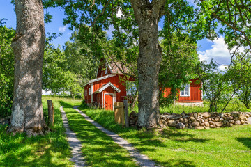 Fototapeta na wymiar Red cottage in a rural idyll