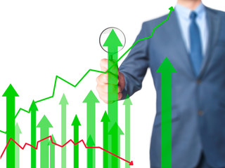 Sales Growth Graph - Business man holding magnifying glass on screen interface