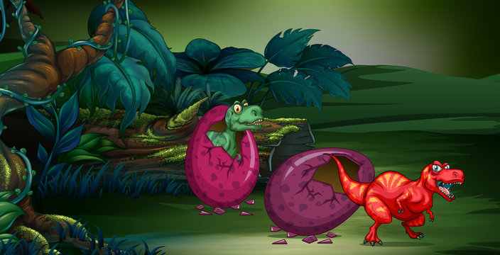 Forest scene with two dinosaurs hatching egg