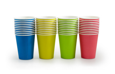 Piles of the disposable paper cups in different colors