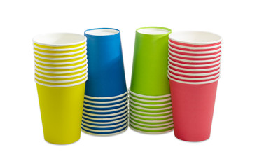 Piles of the disposable paper cups in different colors