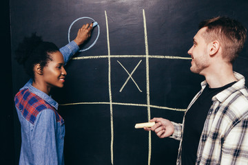 Man Woman Play Game Tic Tac Toe White Black Fun Leisure Entertainment Pastime Together Battle...