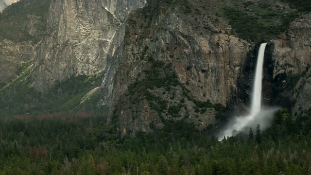 Yosemite Valley Landscape. Close-up of Bridal Veil Falls at Maximum Output during spring snow melt.