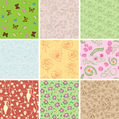 seamless patterns with plants and butterflies - vector backgrounds