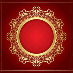bright gold ornamental vector frame with transparent shadow on red background
