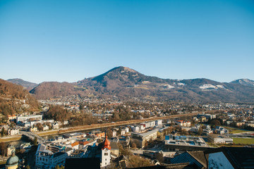 View from a high point to the historic city of Salzburg. A city in western Austria, the capital of...