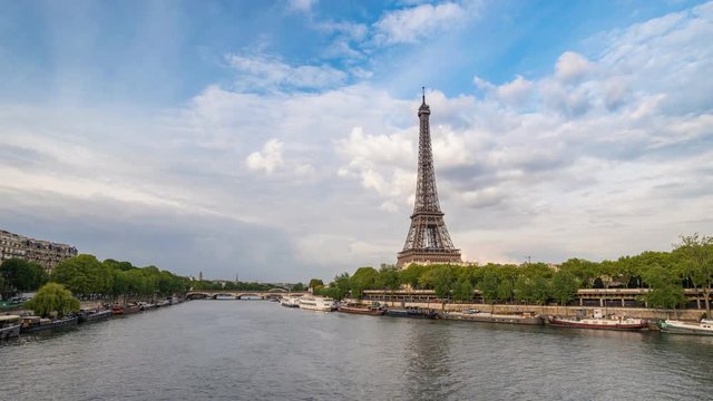 Paris city skyline timelapse at Seine River and Eiffel Tower, Paris, France, 4K Time lapse