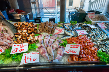 Seafood market with price list