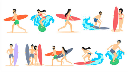 Big set of vector illustrations of surfers