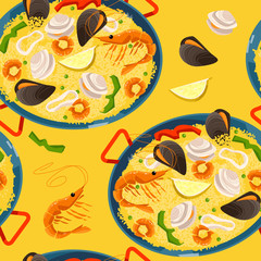Paella with seafood. Traditional spanish food. Seamless background pattern.