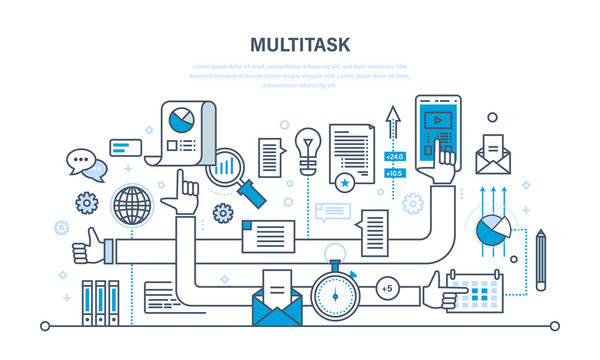 Multitask, performing multiple task simultaneously, using tablet, laptop, cellphone, data.