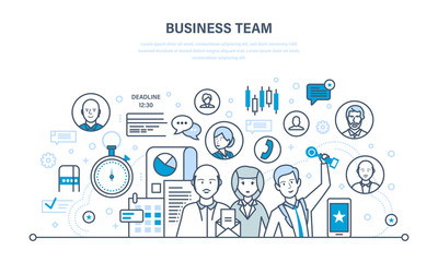 Business team, teamwork, communication, dialogues and discussions, and workflow space.